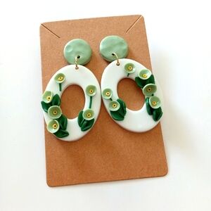Floral Green and White Earrings